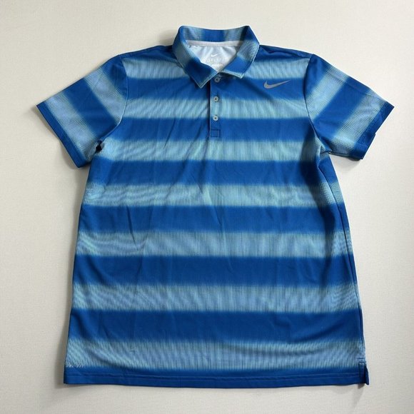 Nike Polo Shirt Golf Stretch Dri Fit Button Mens Size Medium Blue Striped Active - Picture 1 of 9